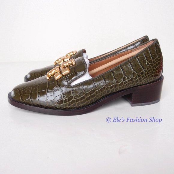 NIB Tory Burch Eleanor Heeled Loafer Croc Embossed Leather Leccio Green US7.5 - Picture 8 of 13